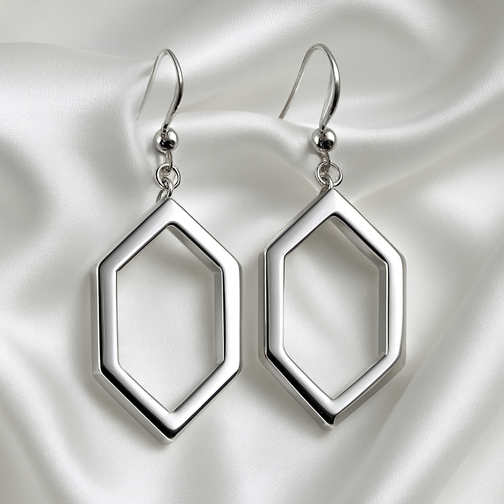 Elegant Silver tone Hexagon Shaped Drop Dangle Earrings, Women's Fashion Jewelry